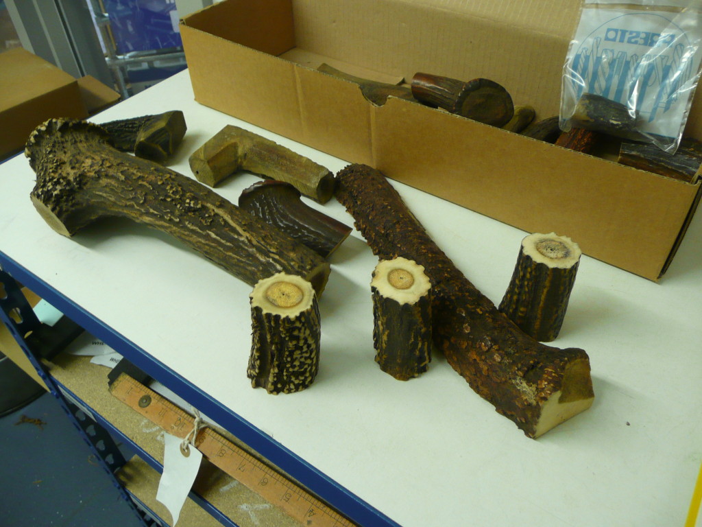 Samples of Samba and red Deer antler used in the cutlery industry.