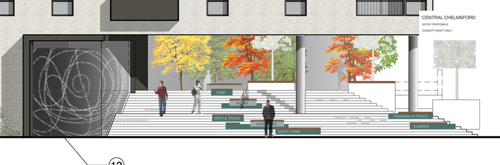 Draft visual of The Steps, with inset text to York Stone risers and digital manifestation to the glazed curtain wall.