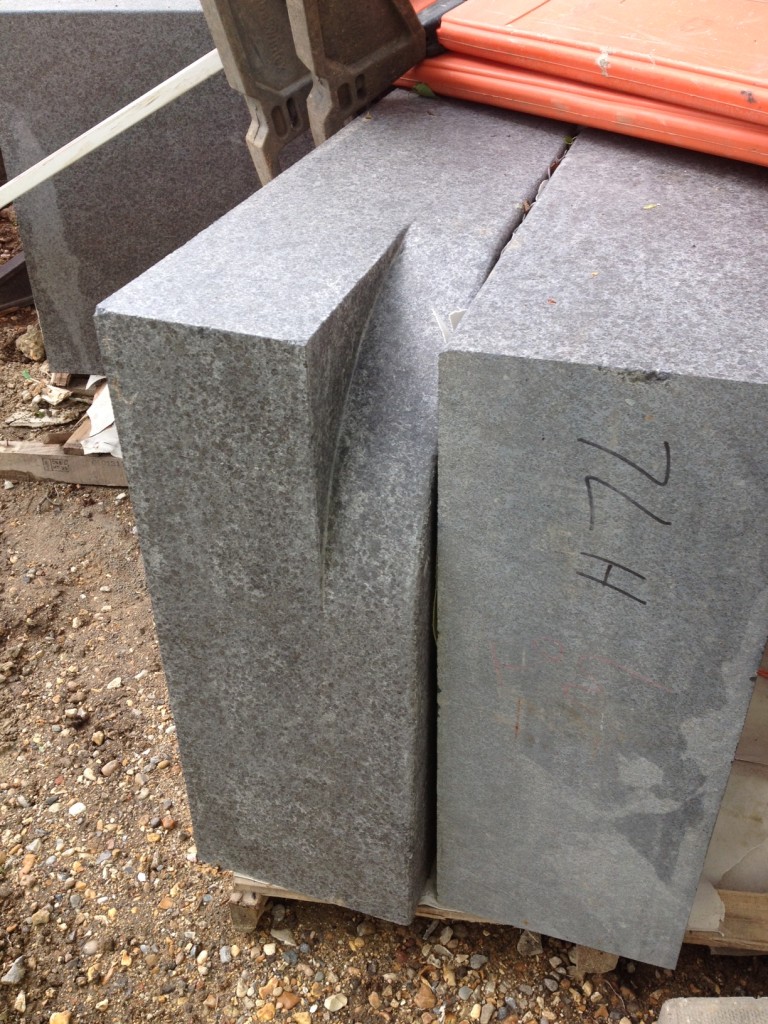 Robust basalt blocks  from Hardscape on site awaiting installation as part of the kerbside feature 'Canal Shore'. 