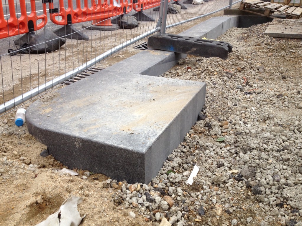 Large scale basalt quadrant blocks installed on site along Blechynden Terrace. 