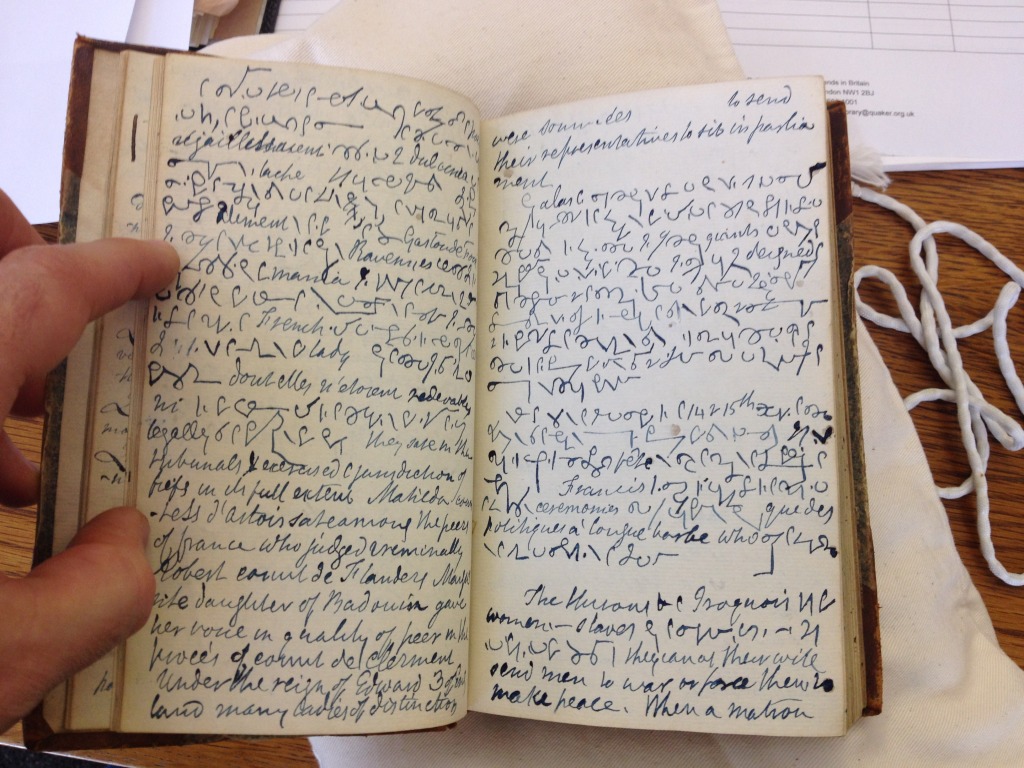 Pages from the notebook of Job Knight left to Anne after his death in 1819. She turned the notebook upside down and used the back for her own notes. - often in shorthand. -Library of the Religious Society of Friends in Britain, Friends House, Euston Rd, London