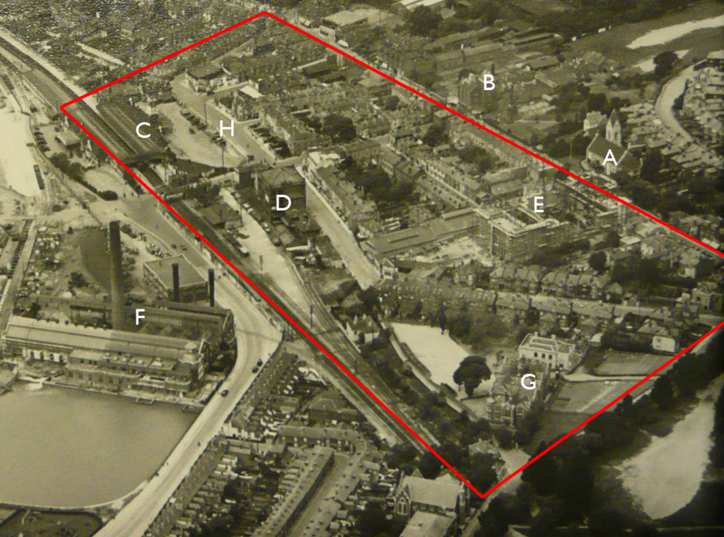 This image of 1928 from the Local & Maritime Aerial Collection of Southampton City Council, has been annotated by me to show the key buildings of our project area which is  bounded by a red line.
