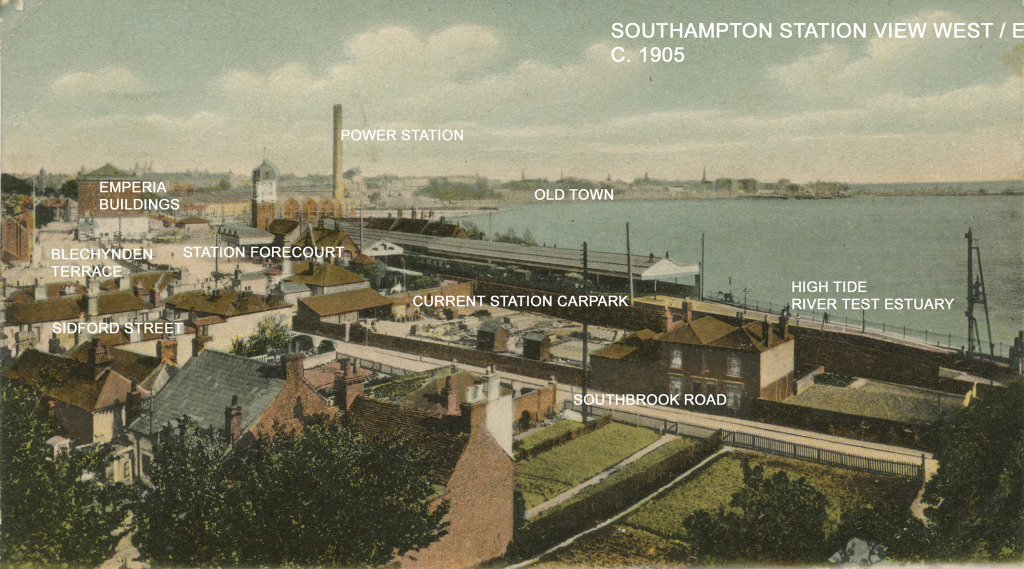 A colour tinted postcard view of Southampton Station at high tide in 1905. I have added the place names . Note the tall brick chimney of the Power Station, built in 1903 & demolished in the 1970's. Image: John Alsop Collection
