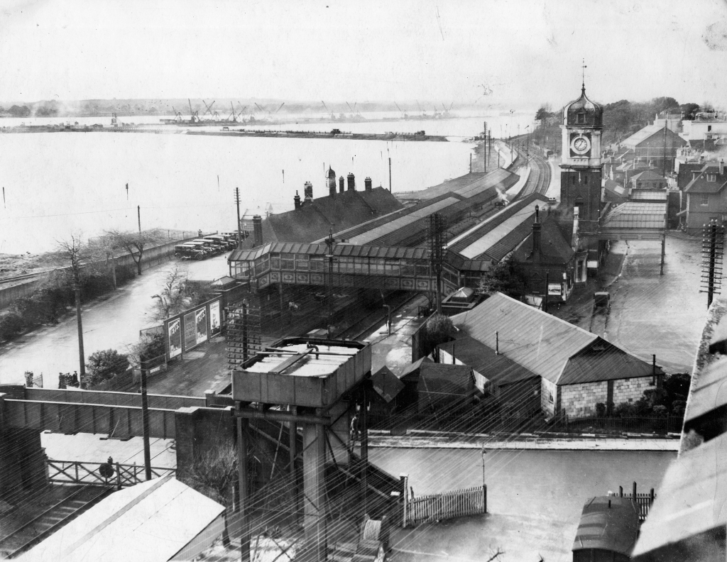 An aerial view of Southampton Station looking down track towards Millbrook, probably taken from the Emperia Building on Blechynden Terrace in 1931. The reclamation of West Bay had already begun as you can see top left , for the expansion of the Western Docks. Image: Bert Moody Collection / Southampton Daily Echo