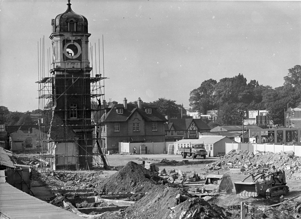 Southampton Station Clocktower of 1895 during the final days of its demolition in 1966 to make way for Overline House. Image by kind permission of Southampton Daily Echo