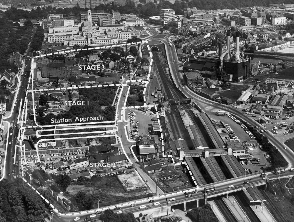An aerial image of the site around the Station, looking east towards the Civic Centre at top of image. The image was probably for planning purposes and shows the future phased redevelopment of the land between Commercial Road and south of the railway lines. Easy to see how much of this site was bombed out during WWII. These sites were left untouched until the mid sixties, when the site was redeveloped. Image by kind permission of Southampton Daily Echo