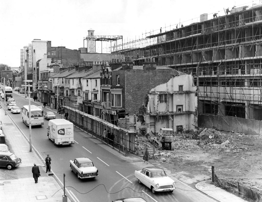 This image, looking east up Commercial Road, Southampton, towards the Mayflower  (Gaumont) Theatre and Civic Centre, during the construction of Wyndham Court - circa 1967 / 1968. Image by kind permission of Southampton Daily Echo