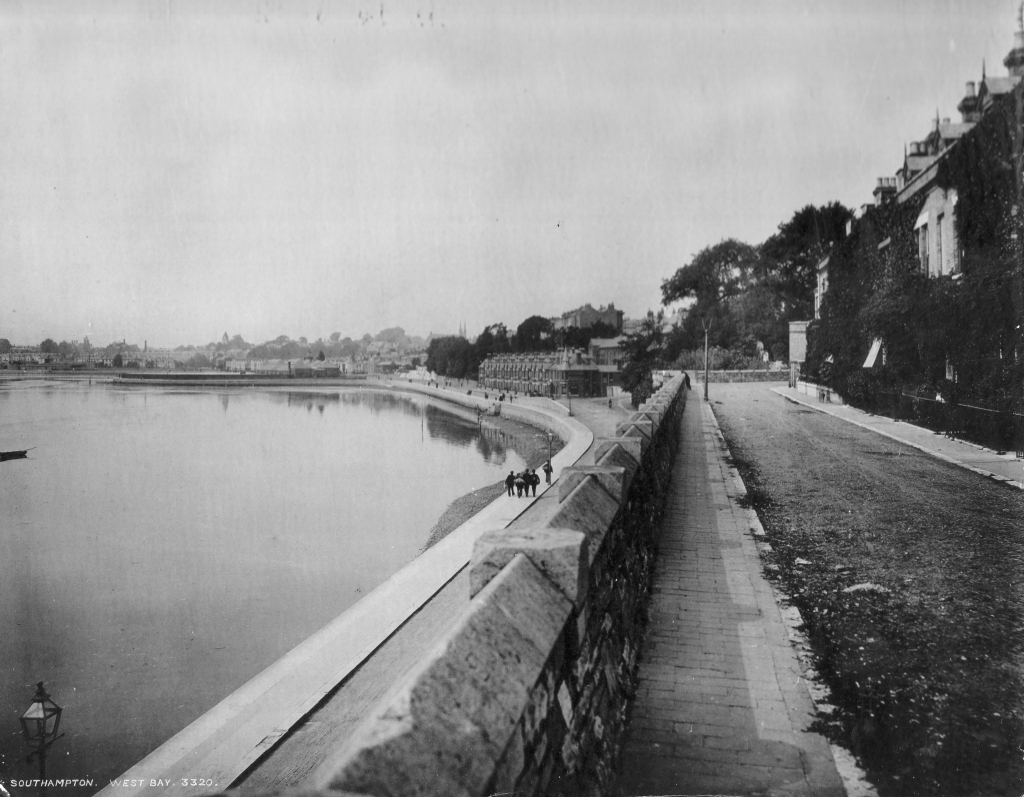 West Bay, Southampton, taken from the city walls between 1895 - 1912 looking towards Blechynden. St Peter's Church can be see on the horizon. The waters edge is clearly defined by coping stone and paving detail. Image by kind permission of the Southampton Daily Echo.