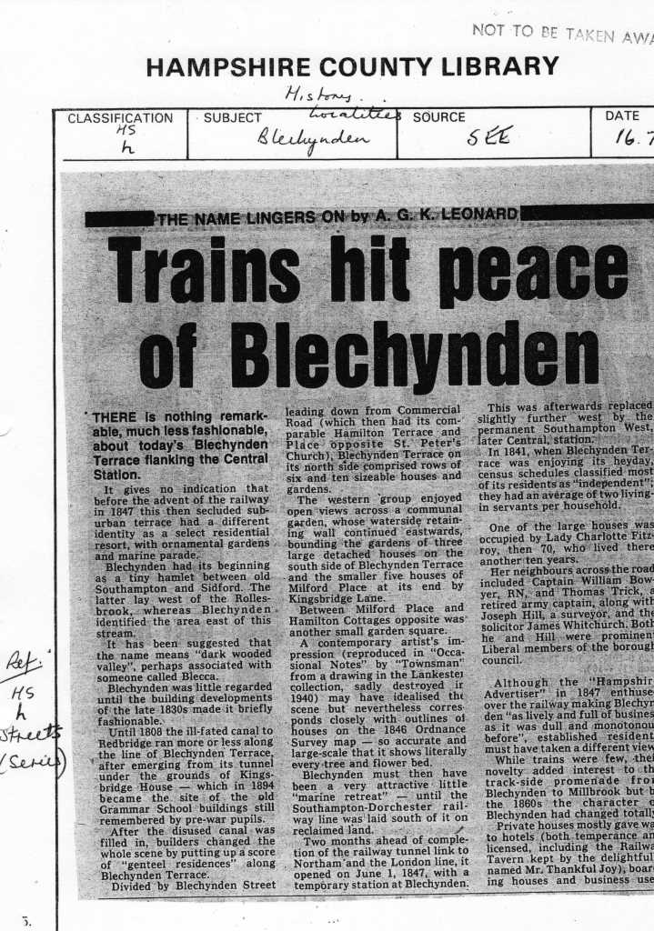A reference to Blechynden before the coming of the railways. Newspaper cutting image by permission of Southampton City Council Local Studies and Maritime Collection