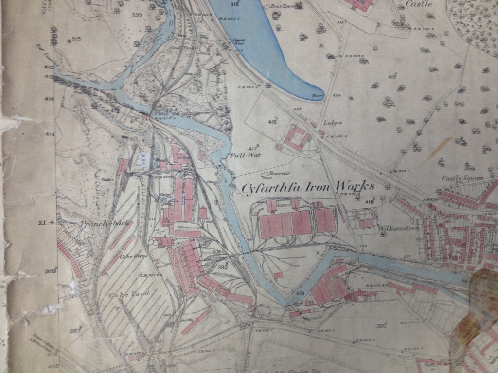 A detail from an OS map of Merthyr Tydfil and Cyfarthfa Iron Works. Reproduced from the 1865 Ordnance Survey Map. Collection of Merthyr Tydfil CBC.