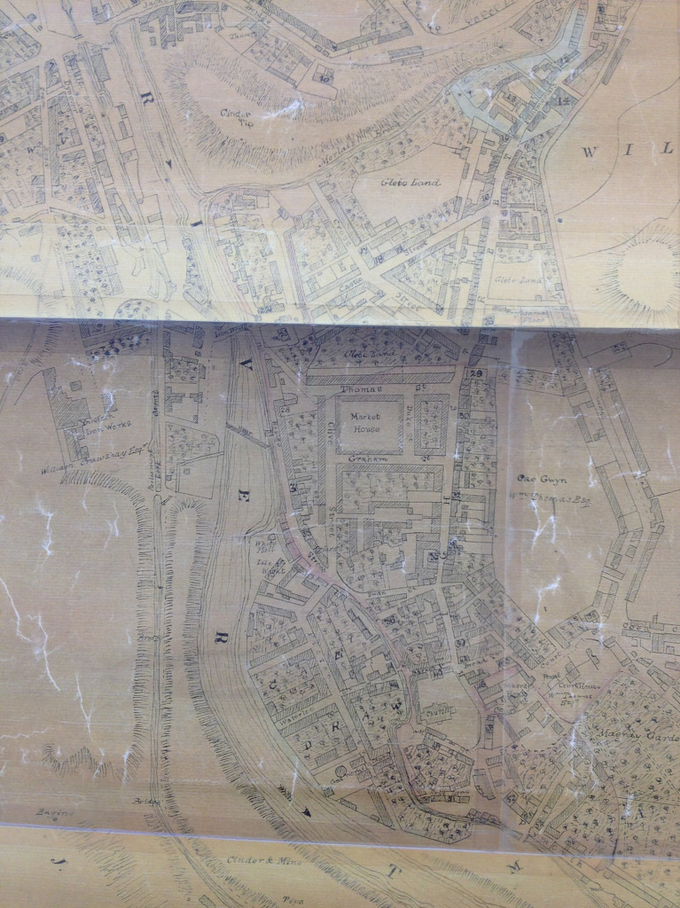 A detail from an OS map of Merthyr Tydfil Town Centre. Reproduced from the 1836 Ordnance Survey Map. Collection of Merthyr Tydfil CBC Libraries.