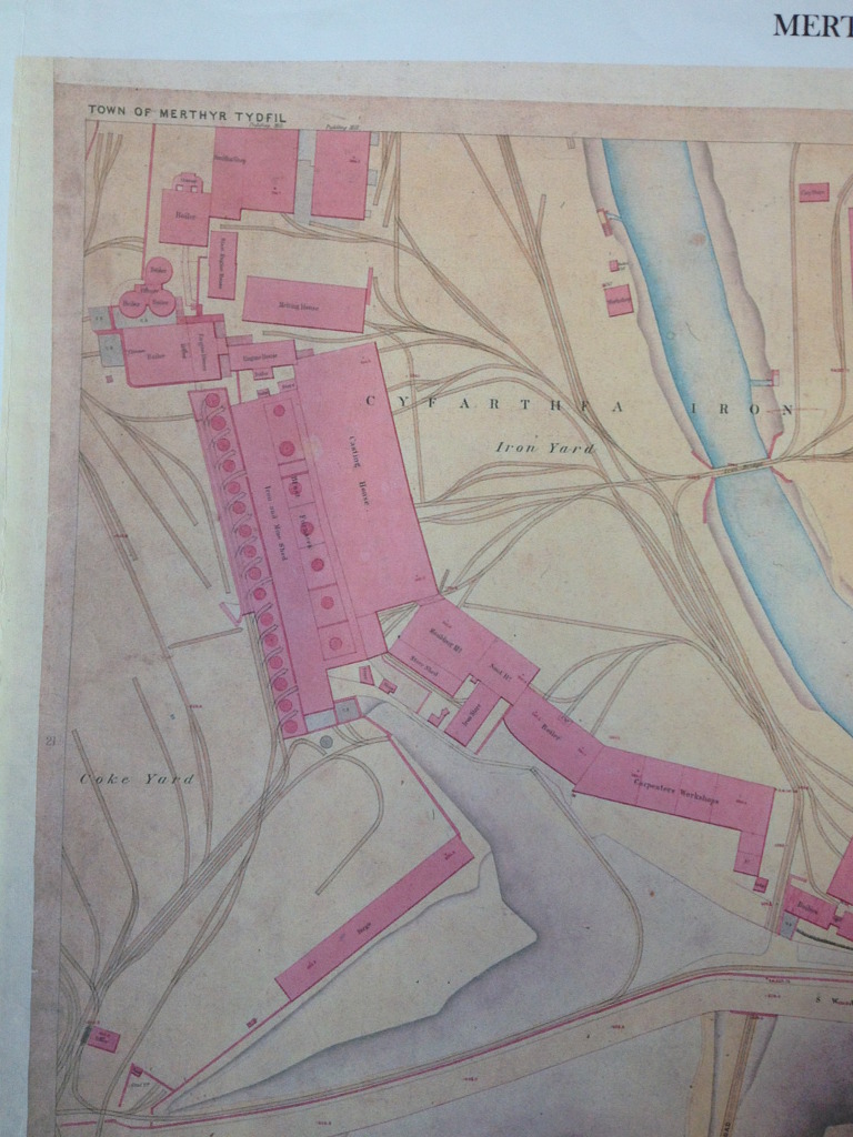 Detail of OS Public Health Map of 1851 - showing Cyfarthfa Iron works.  Reproduced from the 1851 Ordnance Survey Map. Collection of Merthyr Tydfil CBC Libraries. 