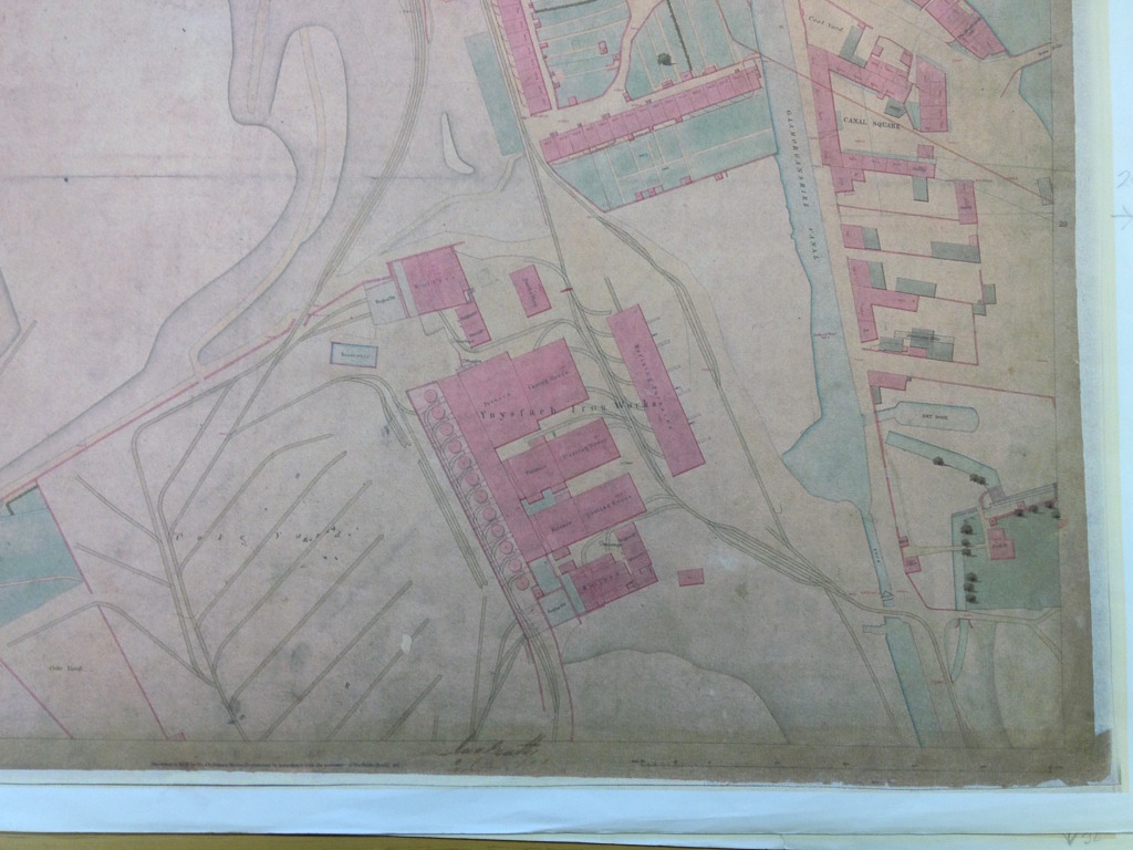 Detail of OS Public Health Map of 1851 - showing Ynysfach Iron Works. The Glamorganshire Canal can be seen to the right. Reproduced from the 1851 Ordnance Survey Map. Collection of Merthyr Tydfil CBC Libraries. 