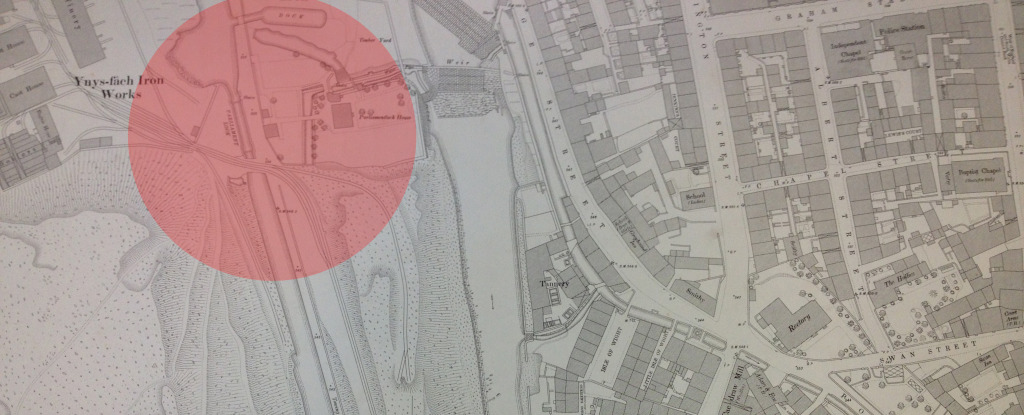 Glamorganshire Canal & Parliament Lock. Detail of OS Public Health Map of 1875 - showing the weirs crossing the Taff. The Canal & Lock are highlighted.  Reproduced from the 1876 Ordnance Survey Map. Collection of Merthyr Tydfil CBC Libraries. 