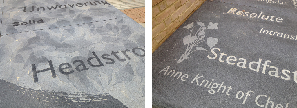 Central Chelmsford - Detail: Large Granite Platform Seat  with sandblasted detail & text by Christopher Tipping, manufactured by Hardscape.  Image: Christopher Tipping