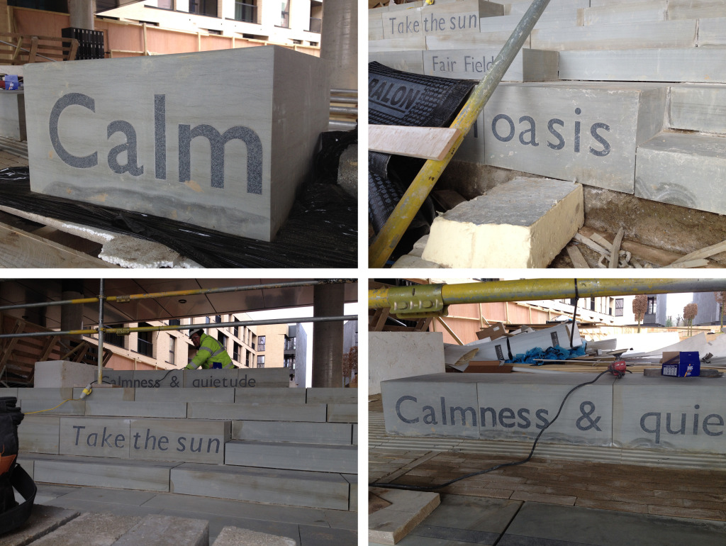 Central Chelmsford - Installation in progress - York Stone steps with inset granite text to risers. Image:Christopher Tipping