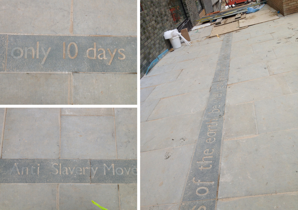 Central Chelmsford. A 'stream' of Royal Green Granite with sandblasted text runs through the York Stone paving on site. Manufactured by Hardscape. Image: Christopher Tipping