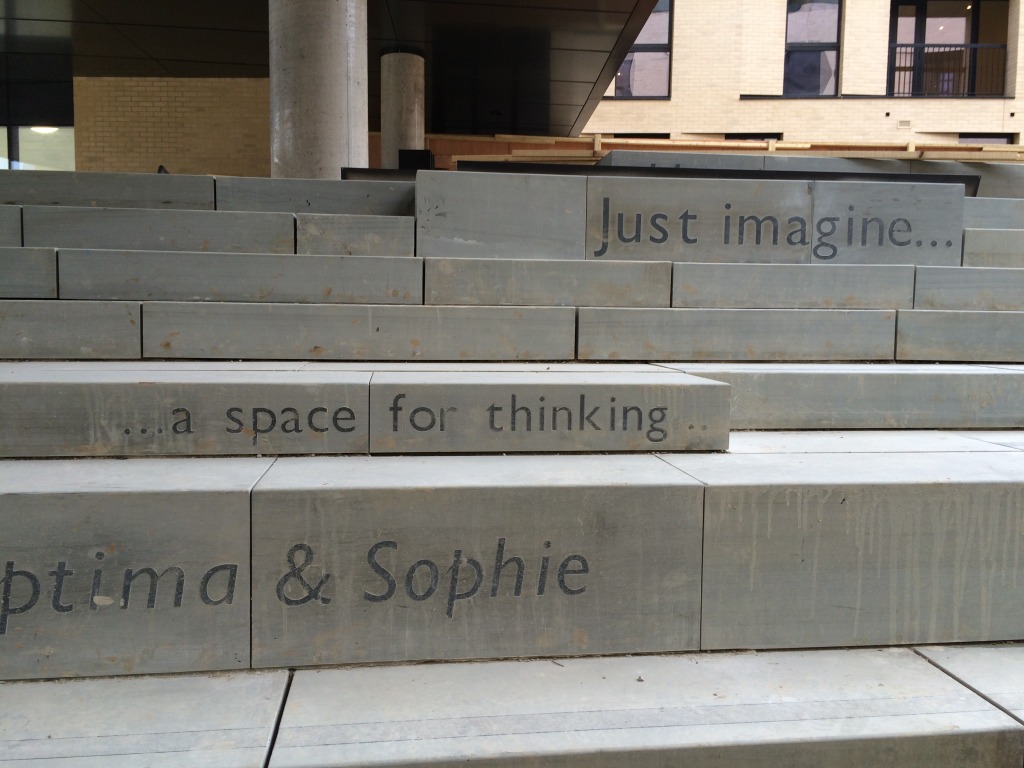 Central Chelmsford for Genesis Housing Association. Detail: Yorkstone steps with inset granite text to the risers, part of the embedded public art interpretation - image taken during installation on site. Image: Christopher Tipping