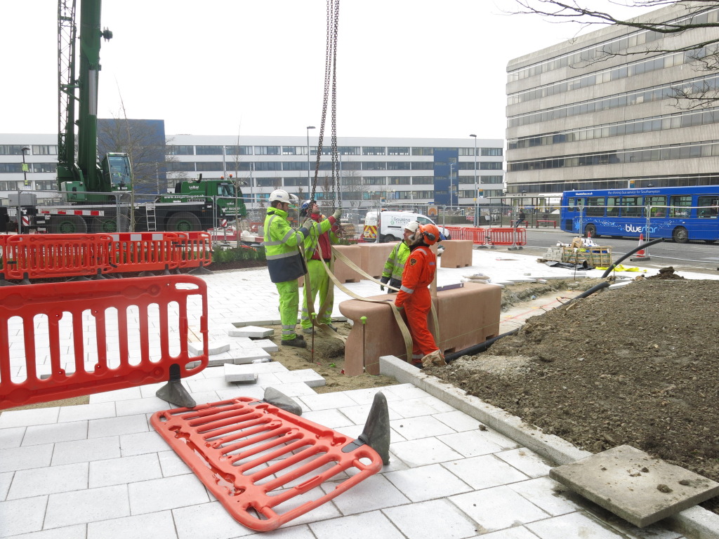 Southampton Station Quarter North - 'Type C' bench units being installed on site by Balfour Beatty Services. Image: Wilson Massie BBLP