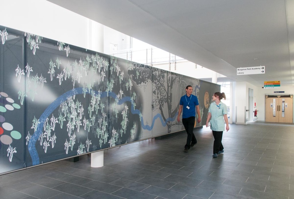 Detail: '70 Years On...' - Central Concourse Tensile Artwork, Jubilee Building, Musgrove Park Hospital. Image: Art for Life, Corbin O'Grady Studio