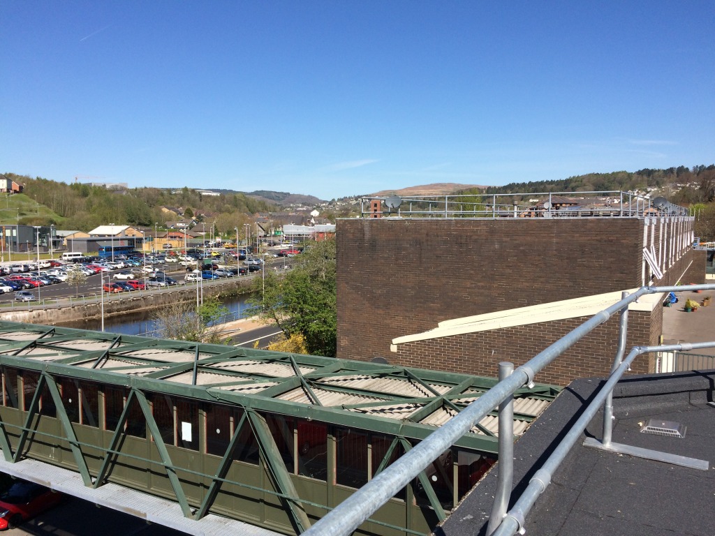 Looking North over Merthyr Tydfil River Taff footbridge as seen from Wilko’s roof by permission of Wilko’s and St Tydfil’s Shopping Centre. Image: Christopher Tipping