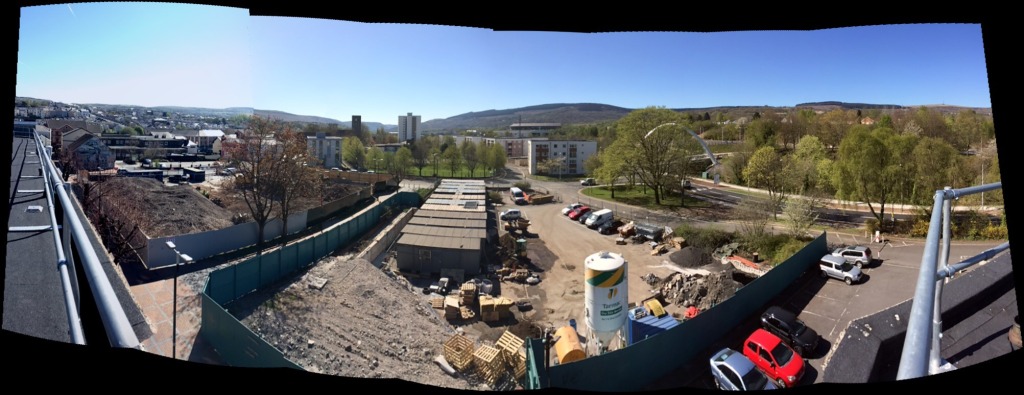 Looking South over the Swan Street site in Merthyr Tydfil & towards Caedraw as seen from Wilko’s roof by permission of Wilko’s and St Tydfil’s Shopping Centre. Image: Christopher Tipping