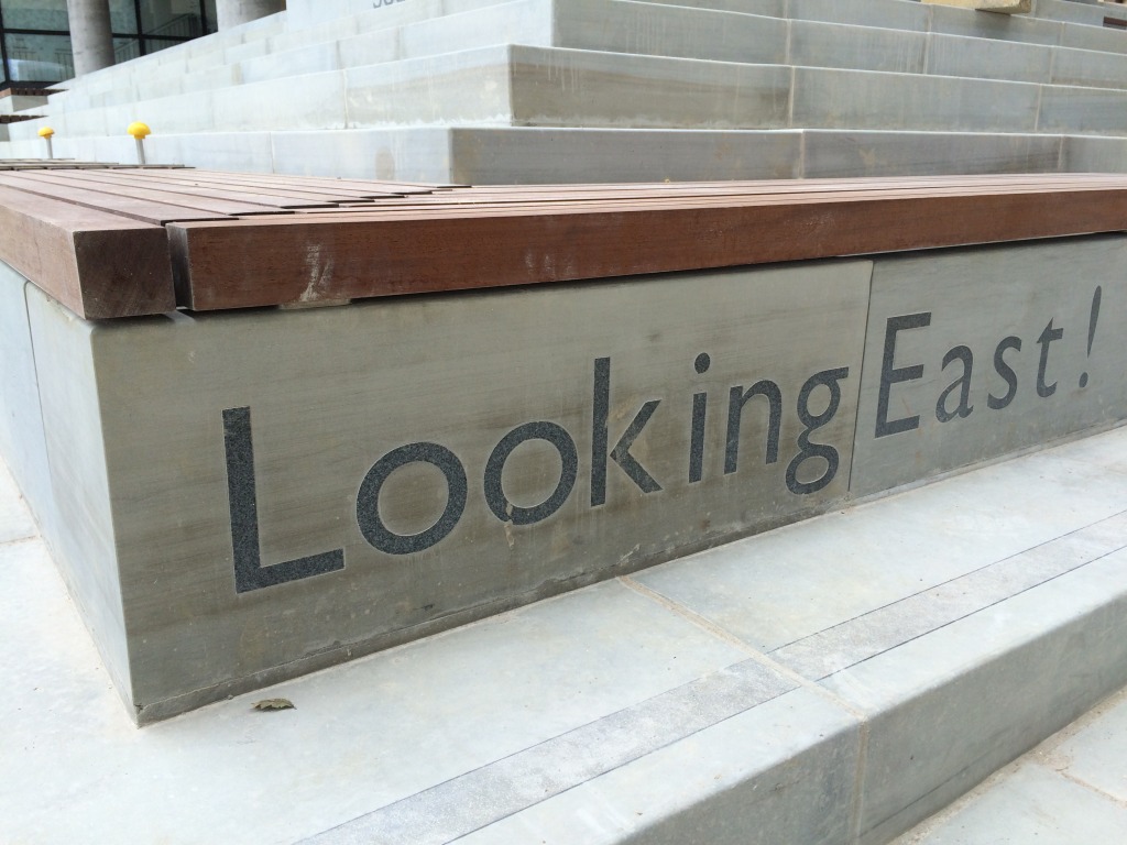 Central Chelmsford for Genesis Housing Association. Detail: Yorkstone steps with inset granite text - a part of the embedded public art interpretation - image taken during installation on site. Image: Christopher Tipping