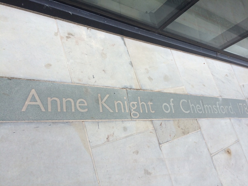 Central Chelmsford for Genesis Housing Association. Detail: Sandblasted stone with references to Anne Knight of Chelmsford as part of the embedded public art interpretation. Image taken during installation on site. Image: Christopher Tipping