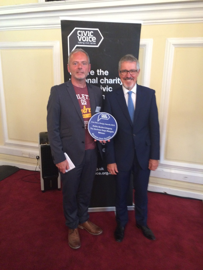 Margate Steps wins the 2015 Civic Voice Design Award for Public Realm. Image: Chris Tipping, Project Artist on the left, with Griff Rhys Jones, President of Civic Voice Photo: Christopher Tipping