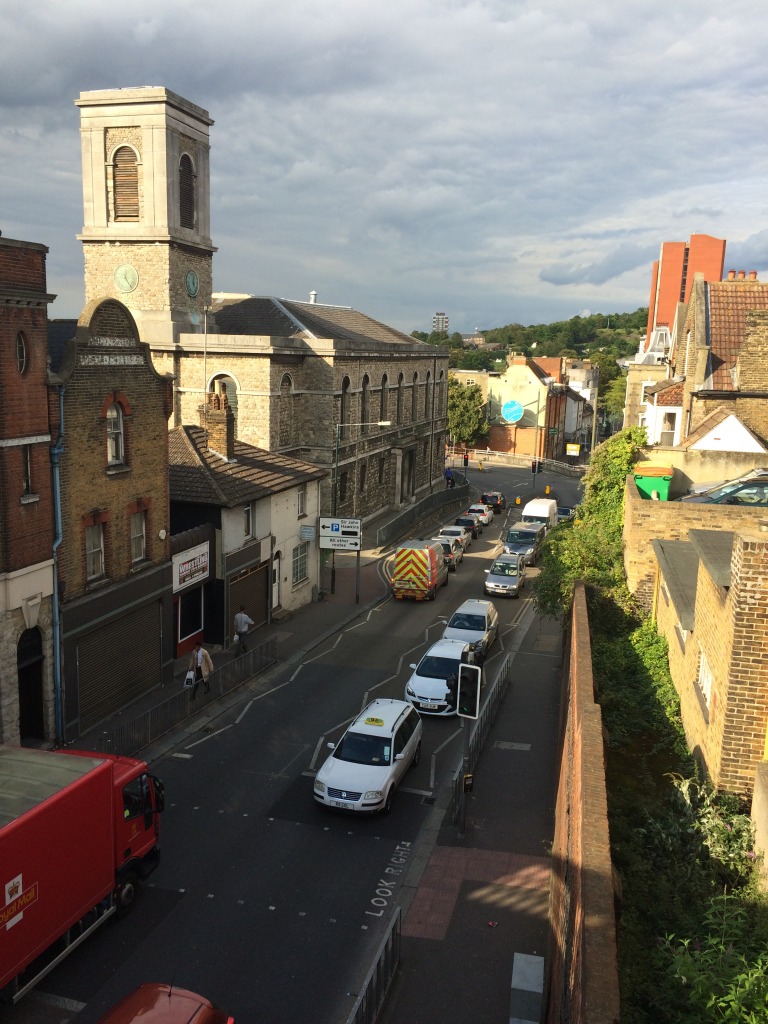 On the New Road Viaduct over Railway Street, Chatham, looking down Railway Street towards St John's Church on the left and the Town Centre. Image:Christopher Tipping