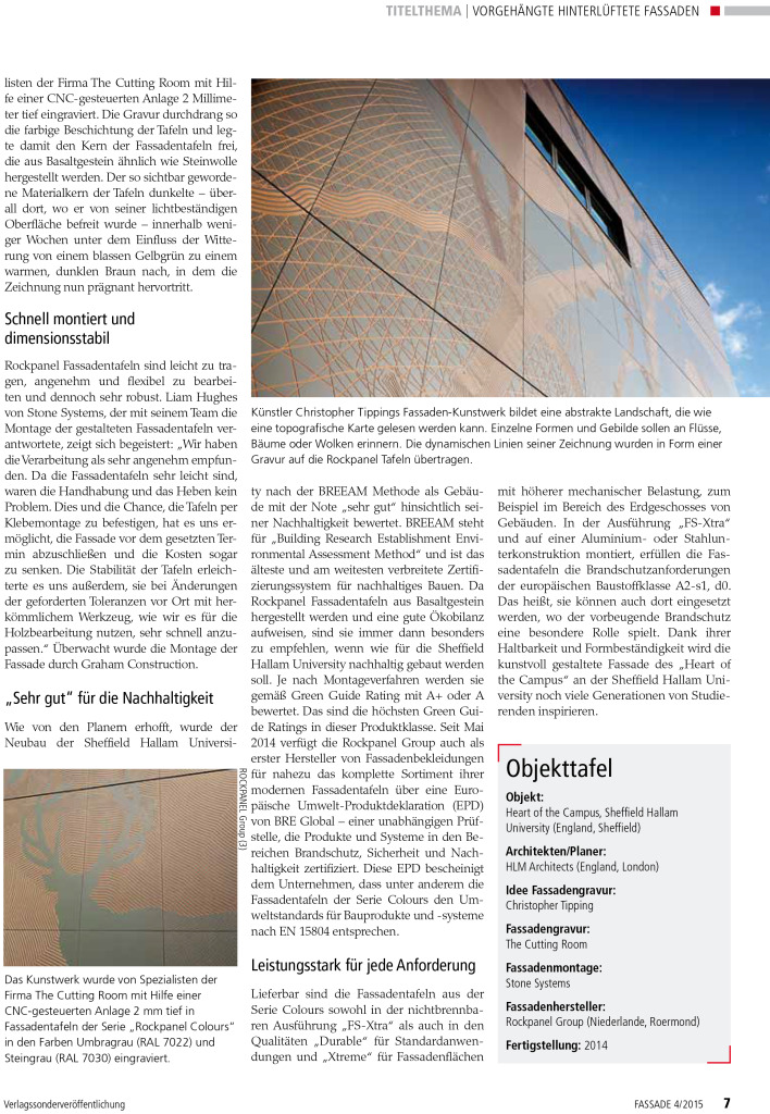 'Heart of the Campus' for Sheffield Hallam University featured in 'FASSADE'  August 2015. Image:Rockpanel