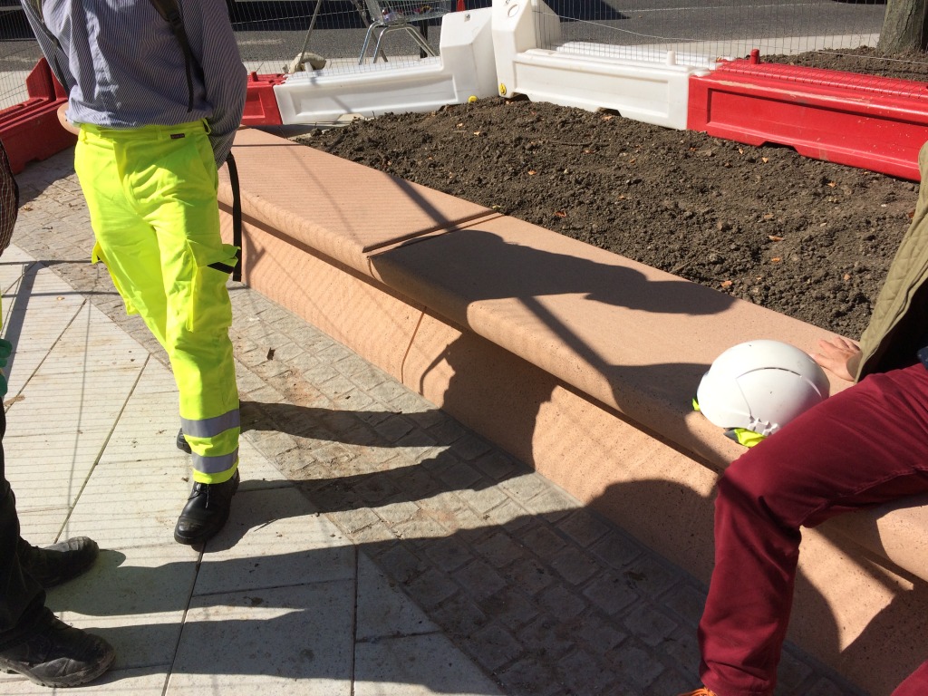 Station Quarter North, Southampton. Bespoke four piece cast concrete radius bench during final installation on Commercial Road. Image:Christopher Tipping