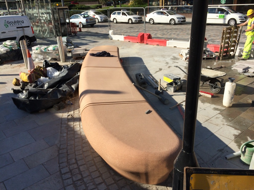 Station Quarter North, Southampton. Bespoke four piece cast concrete radius bench during final installation on the Station Forecourt. Image:Christopher Tipping