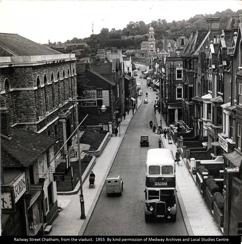 Railway Street Chatham from New Cut Viaduct circa 1955. Image Copyright: Chatham Observer, by permission of Medway Archives and Local Studies Centre