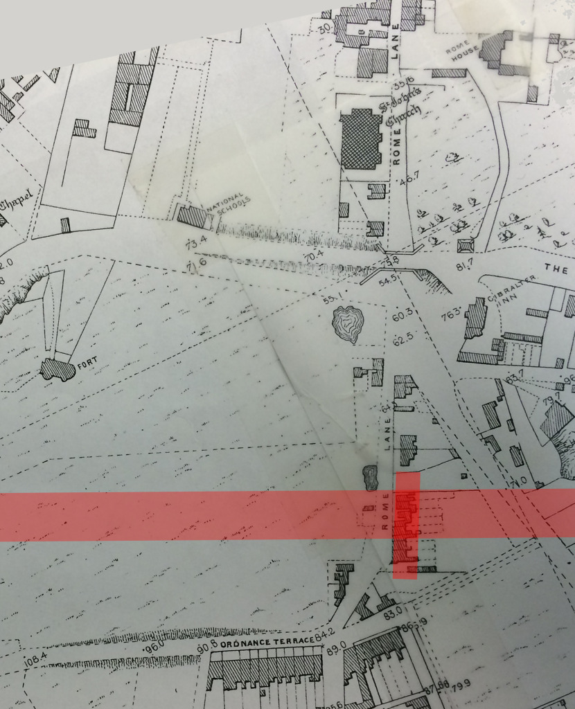 A detail from the 1848 OS Public Health Map of Chatham, with St John's Church and Rome House opposite on Rome Lane. The pink line shows the route of the railway and Chatham Railway Station opened in January 1858. By permission of Medway Archives and Local Studies Centre. Chatham Placemaking Project. 