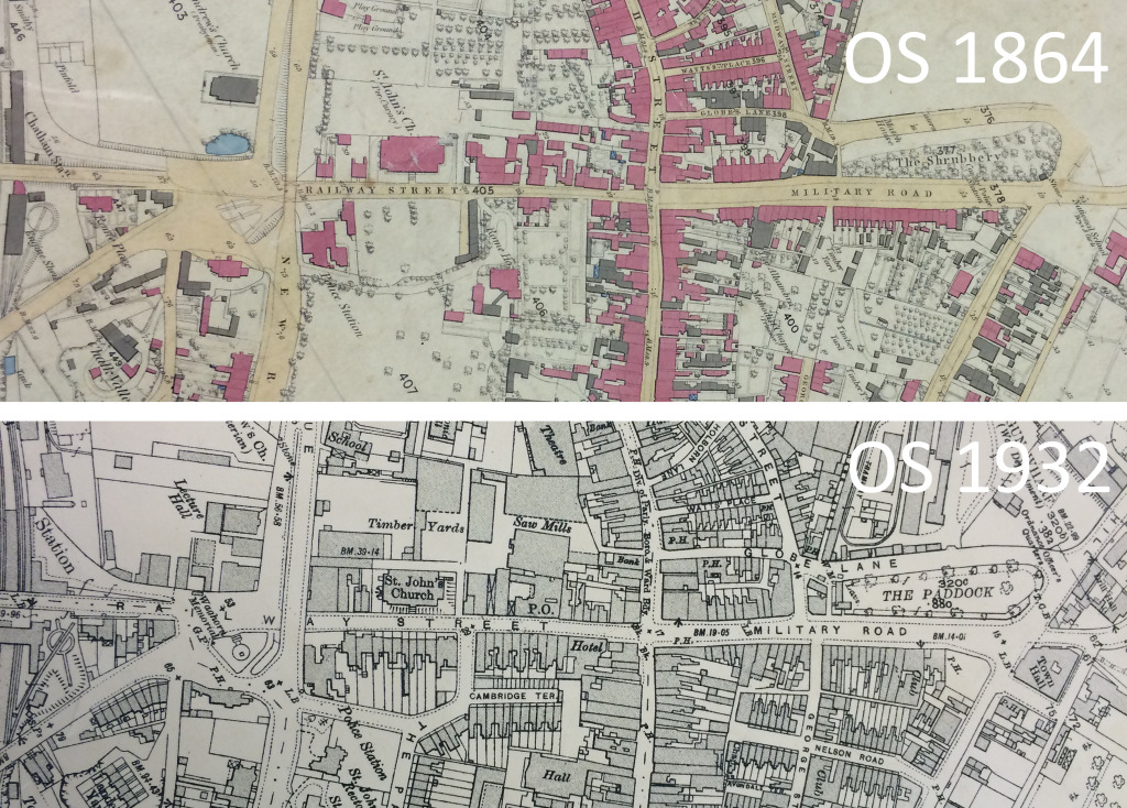 Details from OS 1864 & OS 1932 Maps of Chatham - by permission of Medway Archives and Local Studies Centre. Chatham Placemaking Project. Image: Christopher Tipping