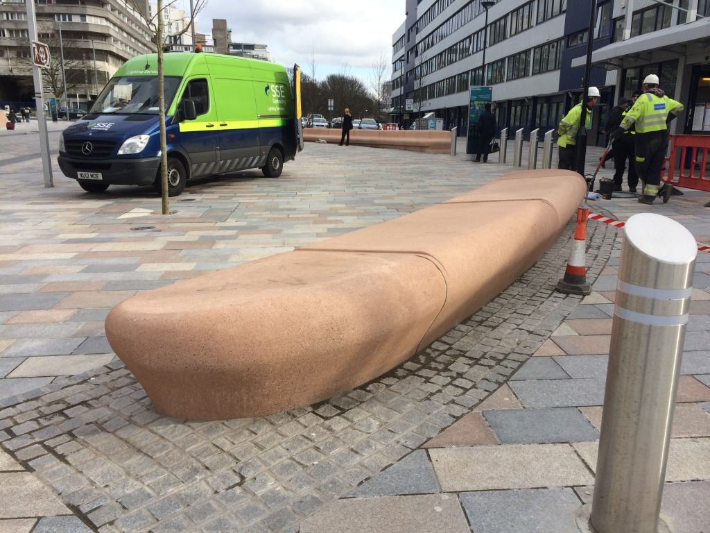 Bespoke Cast Concrete Seating Units - Station Forecourt - Southampton Station Quarter North Project. Image: Christopher Tipping