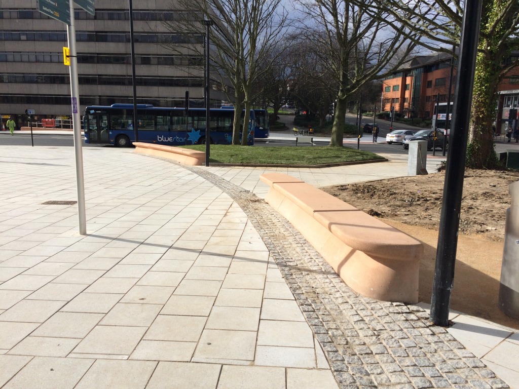 Bespoke Cast Concrete Seating Units - Junction of Commercial Road and Wyndham Place - Southampton Station Quarter North Project. Image: Christopher Tipping