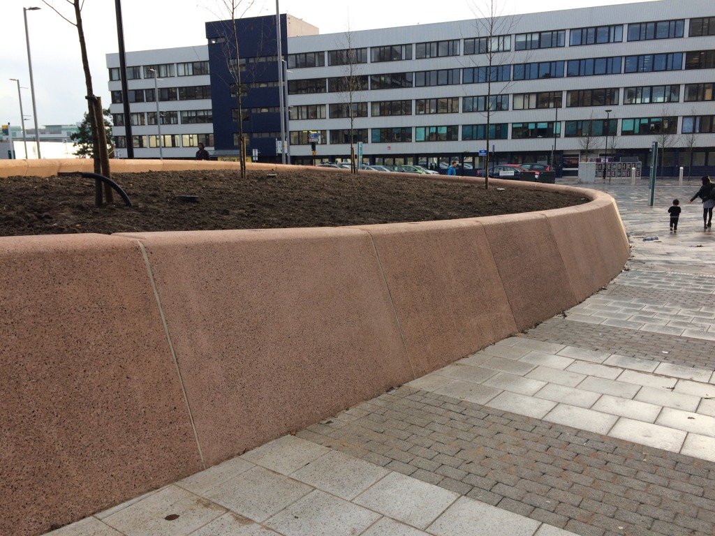 Bespoke Cast Concrete Retaining Wall Structure - aka the 'No. 6 Feature' outside Frobisher House, Nelson Gate. Southampton Station Quarter North. Image: Christopher Tipping
