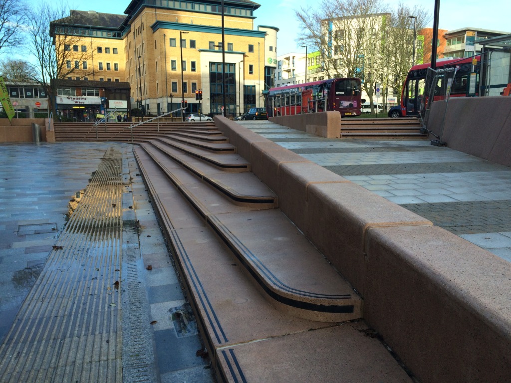 Bespoke Cast Concrete Amphitheatre Steps & Granite Paving outside Frobisher House, Nelson Gate. Southampton Station Quarter North. Image: Christopher Tipping