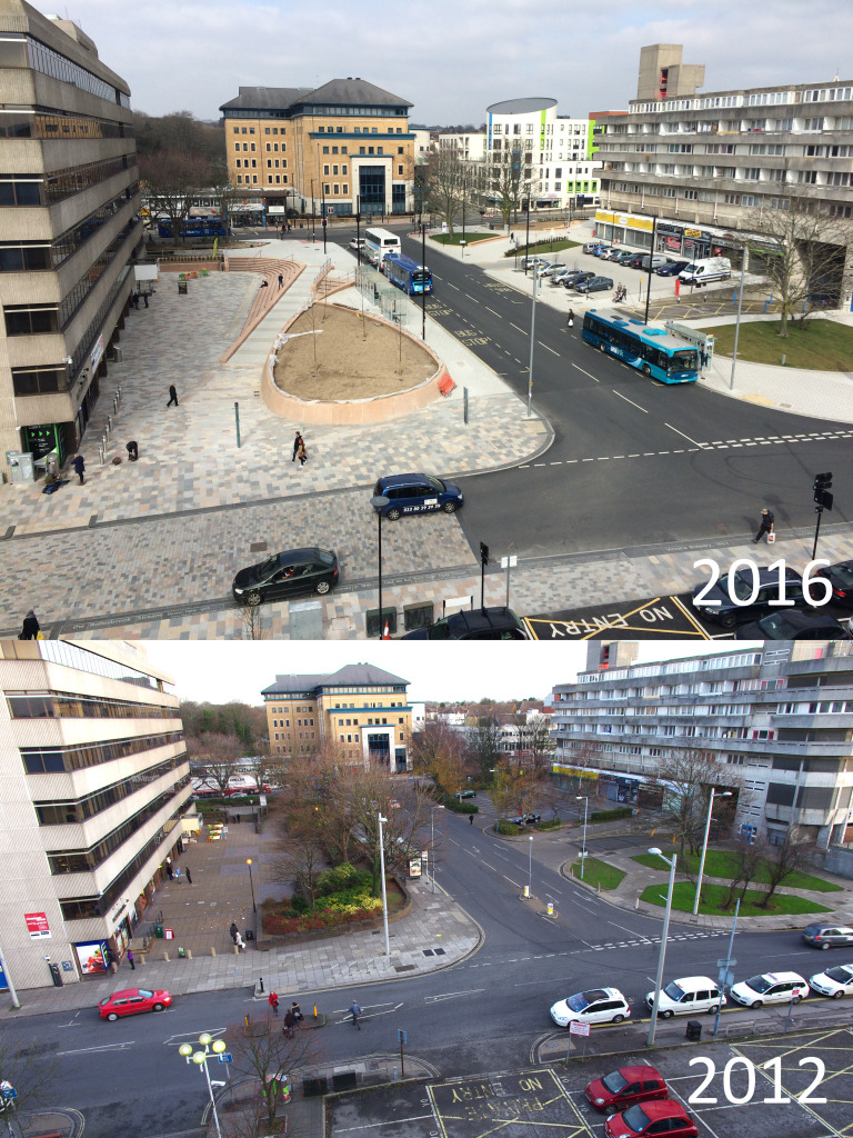 A section of Southampton Station Quarter North Project on Wyndham Place as seen from the roof of Overline House on Blechynden Terrace in 2016 & 2012. 2016 Image by Project Artist Christopher Tipping. 2012 Image by Urban Initiatives. 