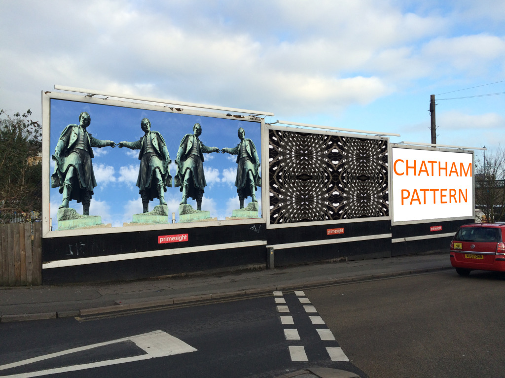 Chatham Patterns - Mock-up artworks have been used on these primesight billboards on Railway Street Chatham to illustrate the kind of work we could take into the community. Chatham Placemaking Project. Image by Project Lead Artist Christopher Tipping