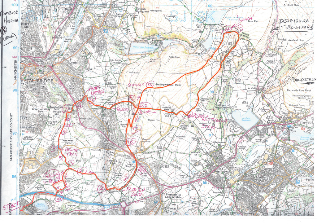 A Stewart Ramsden 'Ramtrails' walking route -  Wild Bank and Hollingworthall Moor from Godley, Tameside.  Tameside Macmillan Unit Project. Map: Reproduced from OS Explorer Map OL 1