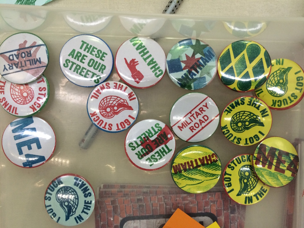 Badges made at our Pentagon Shopping Centre workshop day. Chatham Placemaking Project. Image: Christopher Tipping