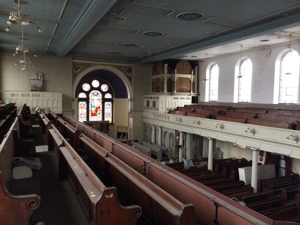 Interior of St John's Church, Railway Street, Chatham. A view from the upper balcony. Image: Christopher Tipping by permission Diocese of Rochester. 